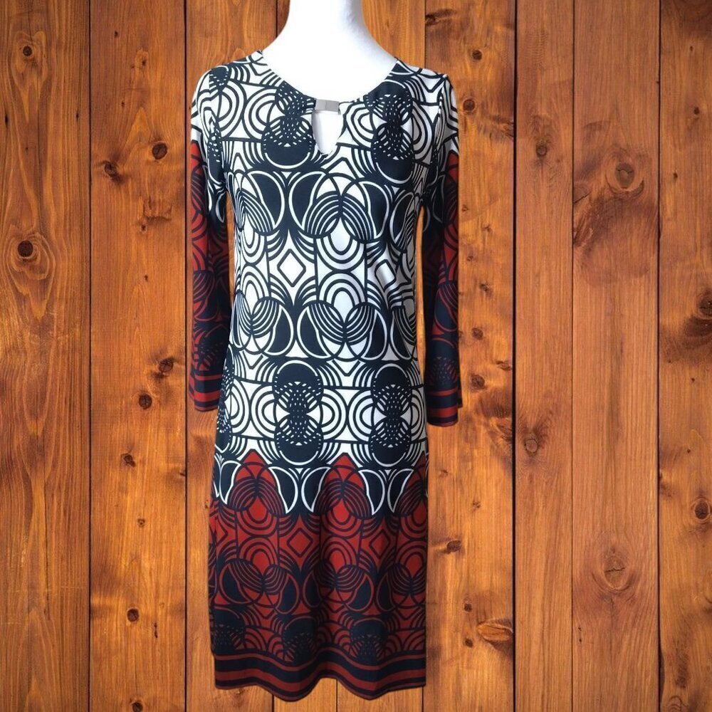 Lavanya 3/4 Sleeve Geometric Print Pencil Dress Colorful Office Size Small